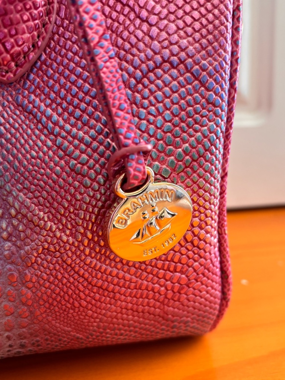 Brahmin Iridescent Pink Croc-Embossed Satchel - Picture 3 of 11